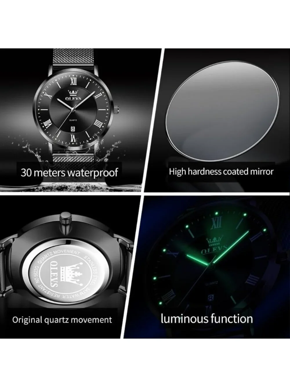 Men's All Black Analog Quartz Mesh Strap Luxury Luminous Waterproof Round Watch - Picture 3 of 6